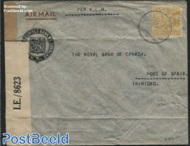 Airmail letter to Trinidad, Censored, Perfin MB in stamp, Per K.L.M.
