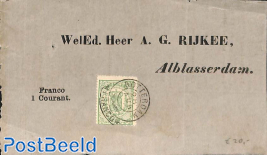 piece of newspaper used as a cover. From Rotterdam to Alblasserdam. Wapenzegel 1 c, green