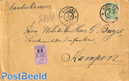 Registered envelope from Sittard to Kampen, see both postmarks.  Princess Wilhelmina (hangend haar) 