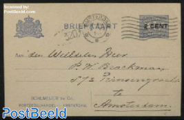 Postcard with private text, 2 CENT on 1.5c ultramarin, Bohlmeijer Amsterdam