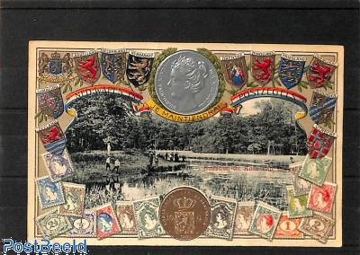 Postcard with stamps & coins pictured, Bussum