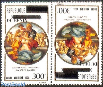 set of 2 stamps,painting of the sacred family by michelangelo, tete beche, overprint