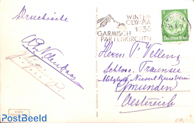 Postcard with prom. postmark Olympic winter games Garmisch Partenkirchen