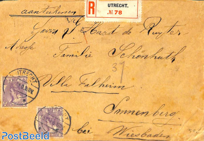 Registered mail, envelope from Utrecht to Sannenberg with 2x 17.5c violet stamp