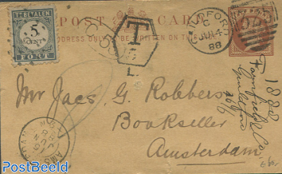 Postcard to Amsterdam, portage due 5 cent