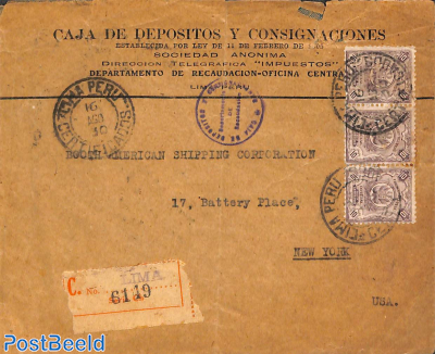 Registered mail from Lima to New York (folded cover with tear), official mail