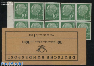 Heuss booklet with green laying L, brown point and damaged perf on right above stamp. Rare booklet (