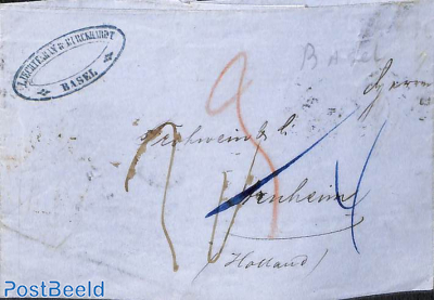 folding letter send by sea, from Basel to Arnhem, Holland. Arnhem 1862