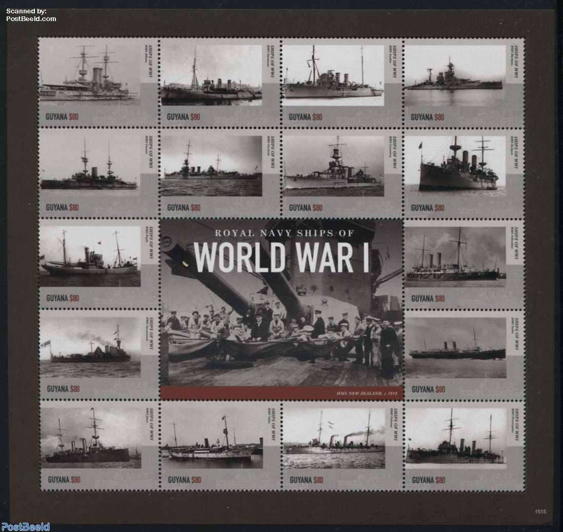 Briefmarke 2015 Guyana Royal Navy Ships of WWI 16v m s 2015 Briefmarken sammeln PostBeeld Online Briefmarken kaufen Sammeln